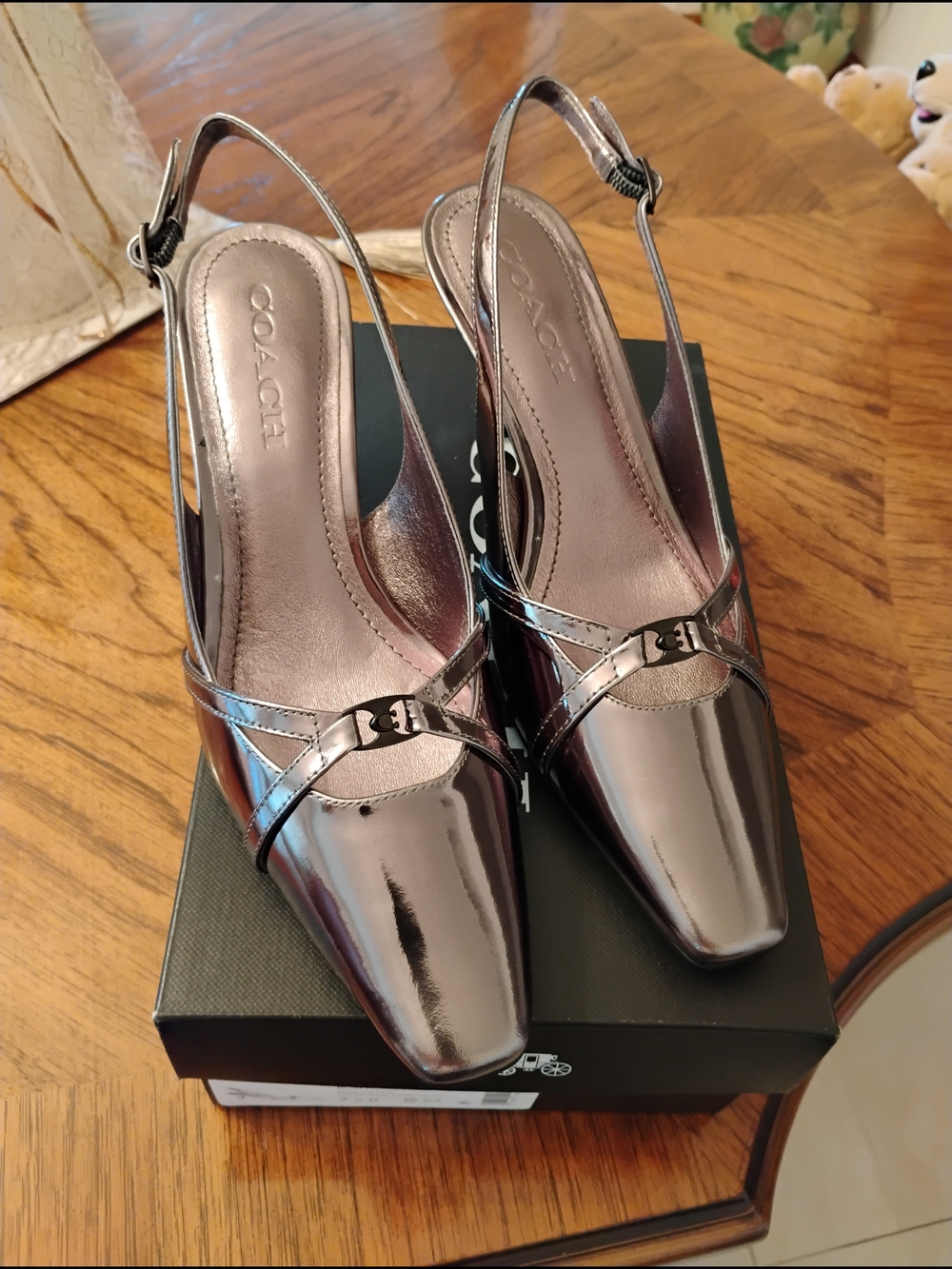 Coach Metallic Pewter Slingback with Buckle Detail